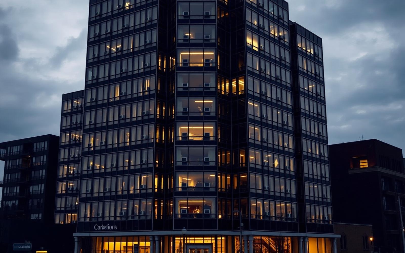 Modern commercial building in South Jersey at dusk